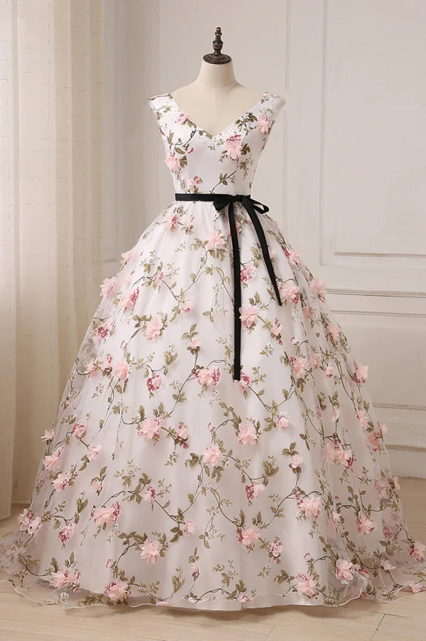 Wholesale White Tulle Long A-Line Prom Dress White V-Neck Evening Dress